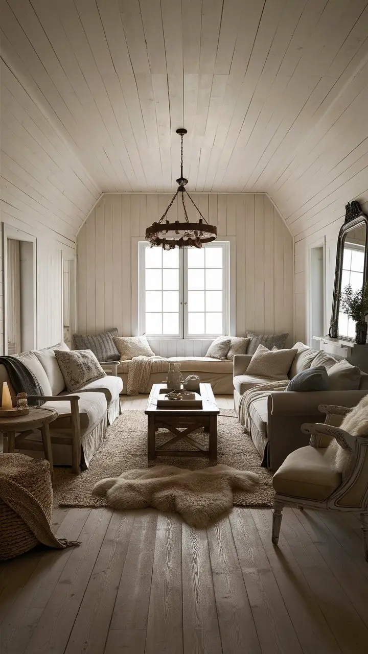 A cozy rectangular farmhouse-style living room with pale white walls, rustic furniture, a wooden coffee table, a plush sofa, a vintage reading chair, a rustic chandelier, and ample natural light.