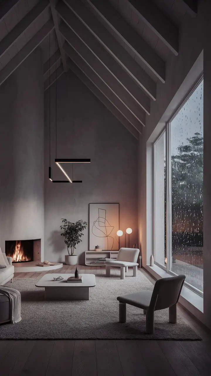 A serene minimalist living room with vaulted ceiling, cozy fireplace, plush sofa, low coffee table, minimalist chairs, abstract art, potted plant, carefully placed books, modern light fixture, and gentle rain outside.