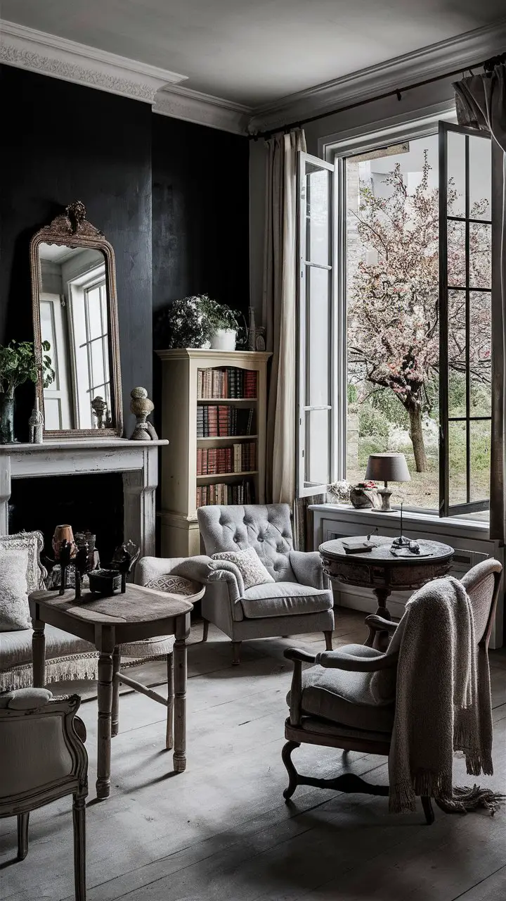 A cozy French country living room with a black accent wall, vintage mirror, antique wooden table, and blooming tree visible through the window.