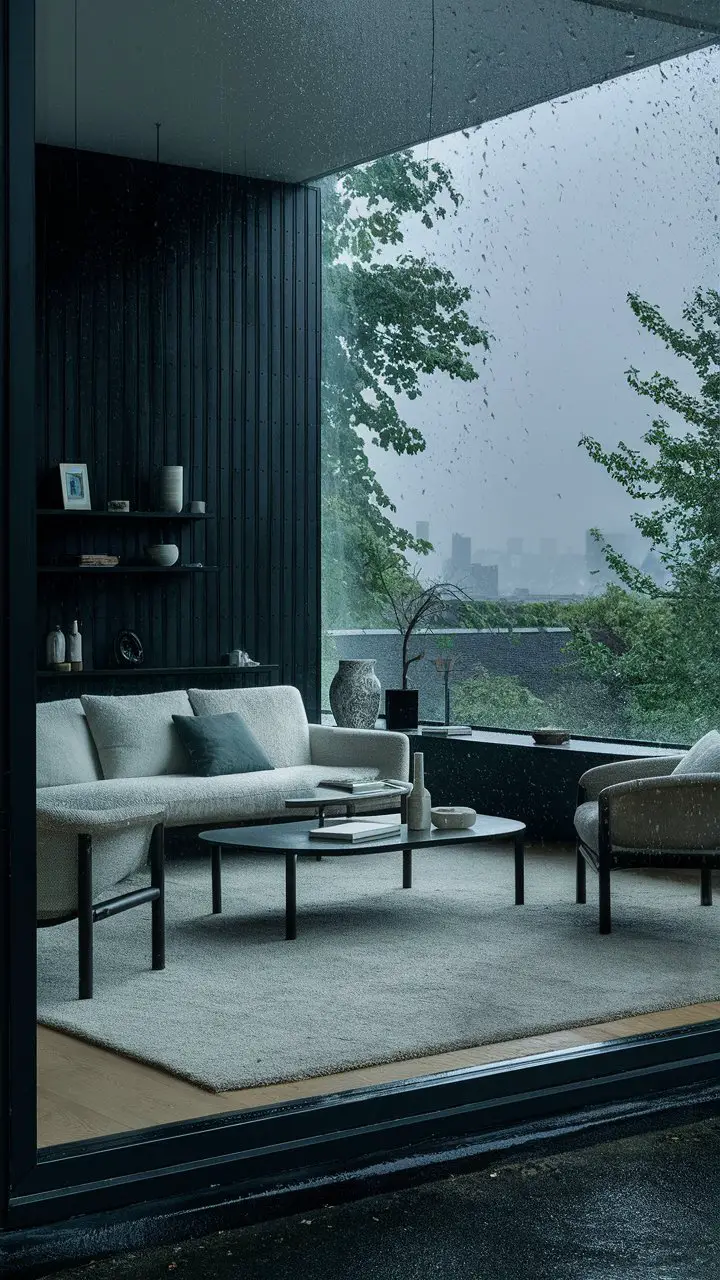 Soft-colored carpet in a serene Japandi-style living room with minimalist furniture and misty outdoor scenery visible through a large window.