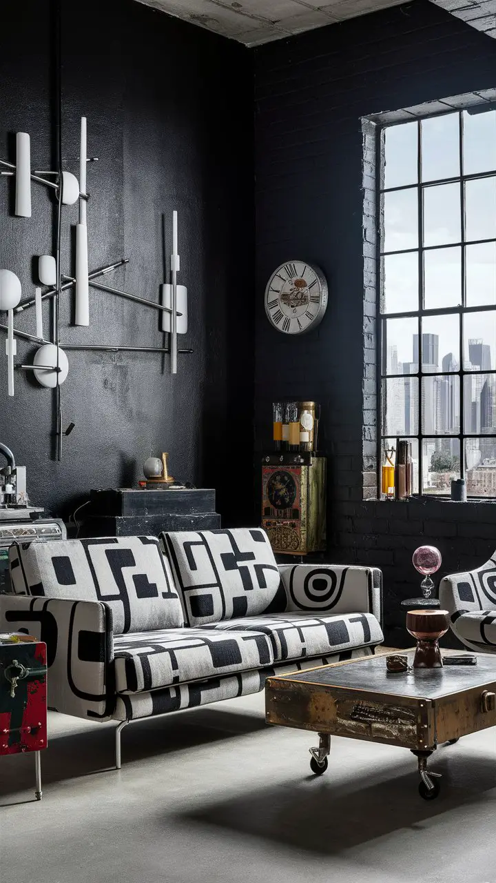 An industrial-style living room with a black accent wall, modern sofa, vintage coffee table, and city skyline view.
