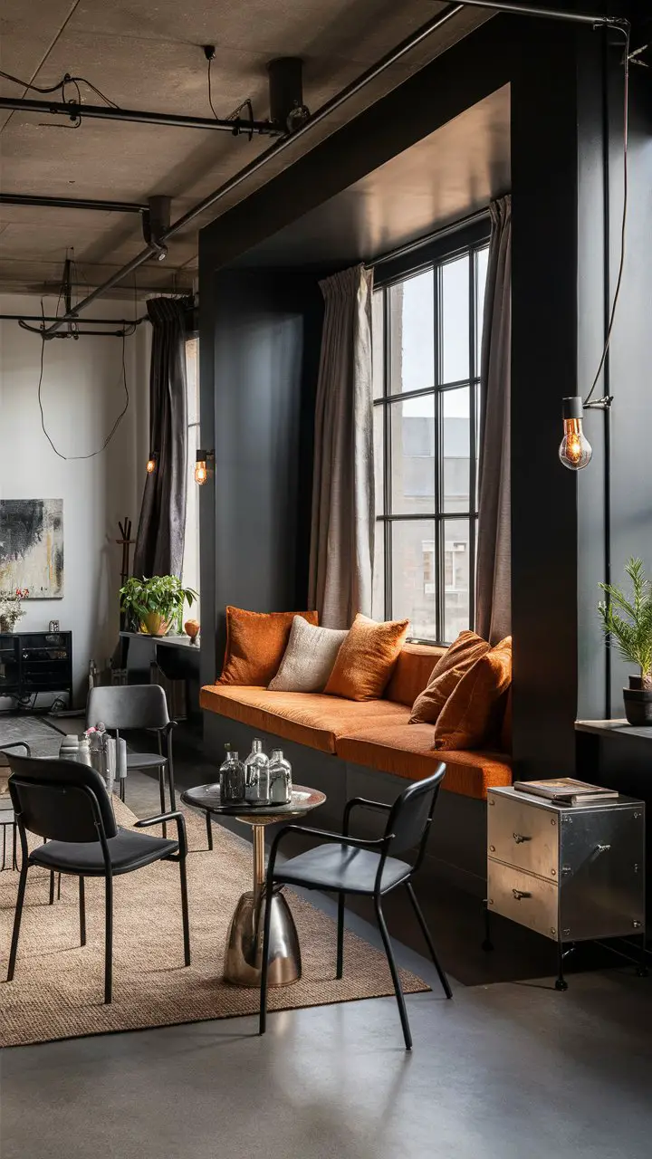 Industrial-style living room with cozy bay window seating, matte black accents, and contemporary light fixtures.