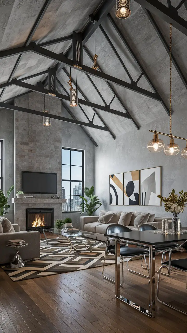 An industrial-style living room with exposed beams, modern light fixtures, cozy fireplace, plush sofa, glass coffee table, dining table with metallic chairs, abstract art pieces, potted plants, geometric rug, and city skyline view through a large window.