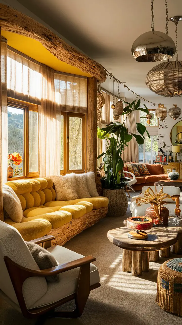 Boho-style living room with canary yellow bay window seating, retro-inspired furniture, and unique light fixtures.
