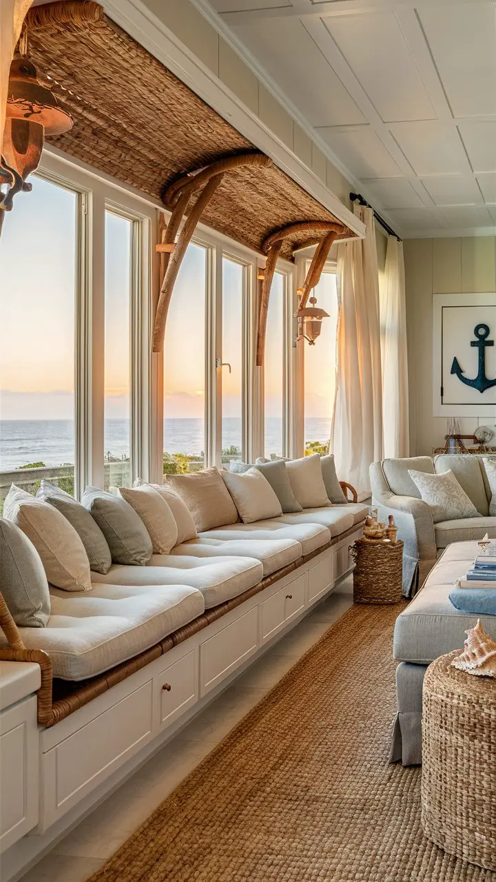 Coastal living room with natural-looking bay window seating, ocean view, and nautical-inspired decor.