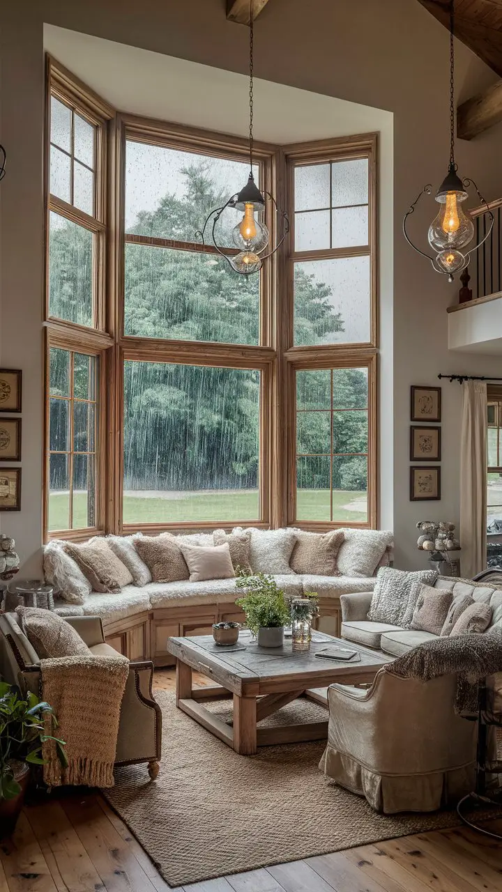 Spacious farmhouse living room with bay window seating, rustic furniture, and elegant light fixtures.