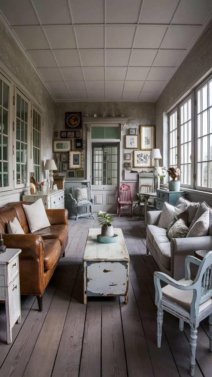 A cozy shabby chic living room featuring vintage furniture, eclectic artwork, and plenty of natural light for a welcoming atmosphere.