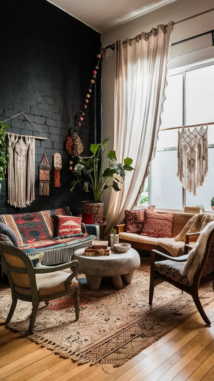 A bohemian living room with a black accent wall, cozy couch, vibrant accessories, and natural light streaming in through a large window.