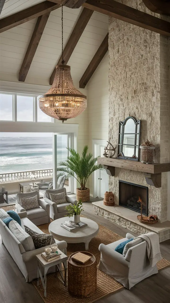 A coastal decor living room with a vaulted ceiling, stone fireplace, plush seating, nautical mirror, woven basket, potted palm, and a beautiful chandelier casting warm light.