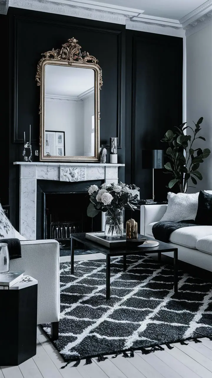 Photo of a contemporary living room with a black accent wall, adorned with an elegant gold mirror. The room features a sleek white sofa, a black coffee table with fresh flowers, and a black and white area rug. A potted plant and stylish accessories add to the chic and inviting ambiance.
