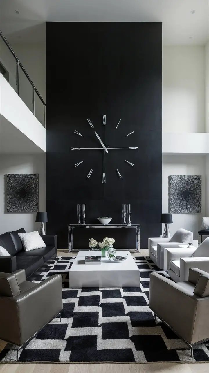 A contemporary living room with a black accent wall, minimalist furniture, a geometric rug, and modern accessories for a sophisticated atmosphere.
