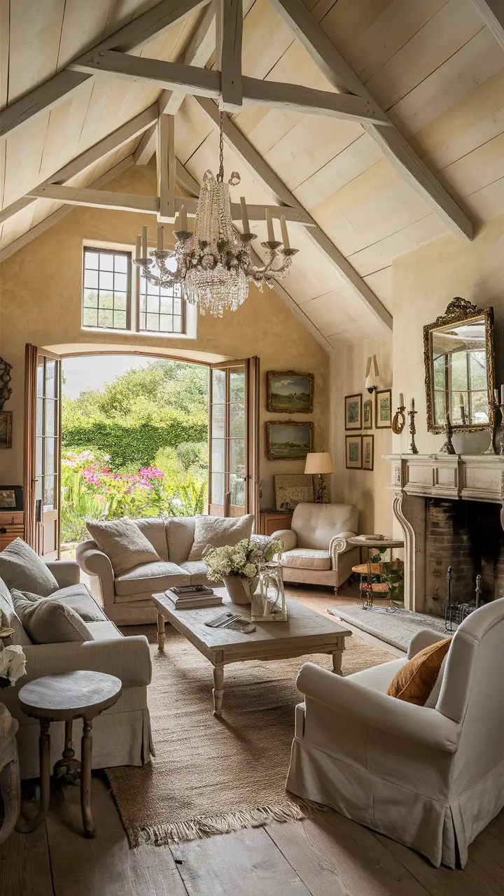 A cozy French country living room with a vaulted ceiling, exposed wooden beams, classic stone fireplace, rustic furniture, vintage decor accessories, and a beautiful chandelier casting a warm glow.