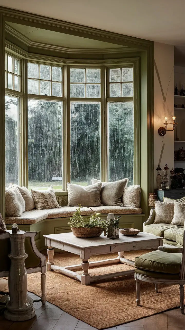 Cozy living room with olive green and white bay window seating, French country style furniture, and rustic decor accessories.






