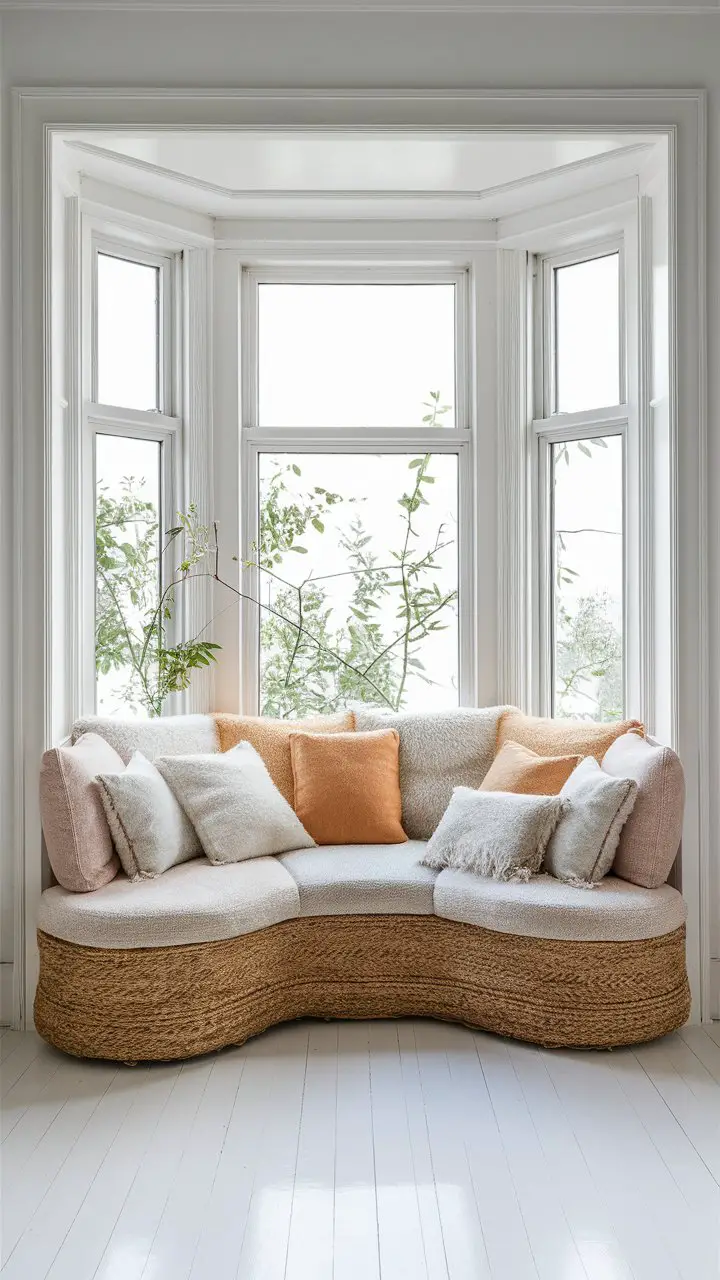 Cozy Bay Window Seating in white living room, soft neutral upholstery, large window with natural light, greenery outside.