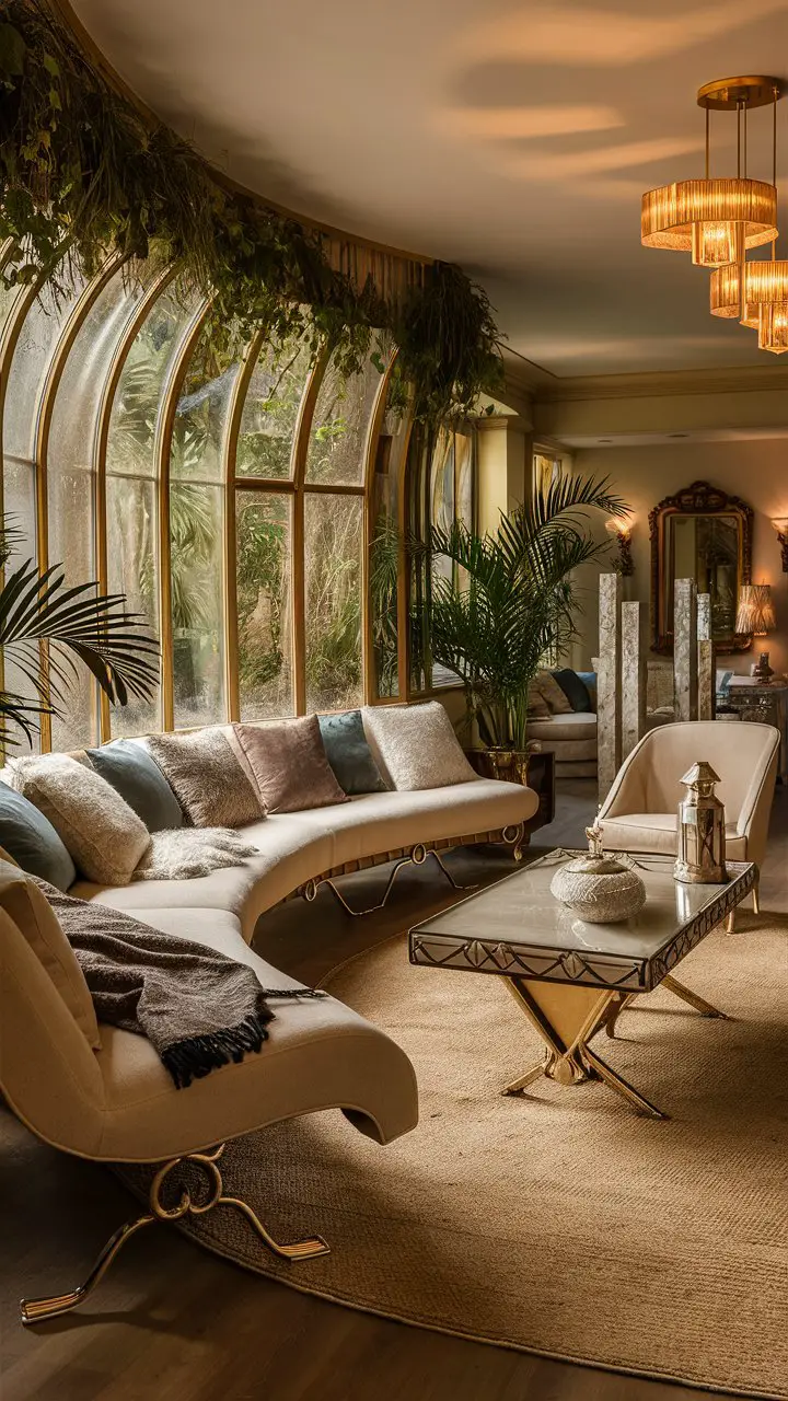 Luxurious living room with natural-looking bay window seating area adorned with plush cushions and art deco-style furniture, including a curved sofa and elegant light fixtures.





