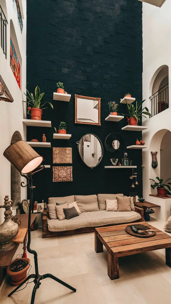 A Mediterranean-style living room with a black accent wall, eclectic artwork, cozy furniture, and potted plants.