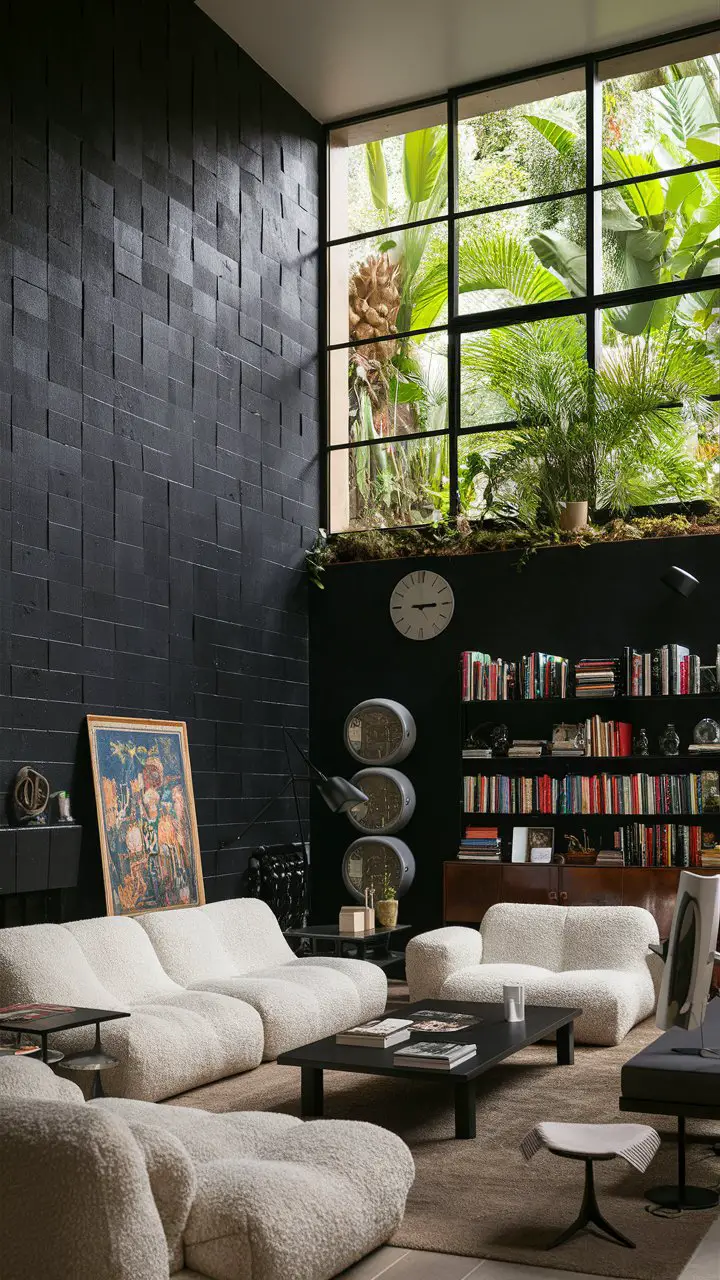 A stylish modern living room with a distinct black wall, showcasing eclectic furniture and accessories, bathed in natural light for a cozy and inviting atmosphere.