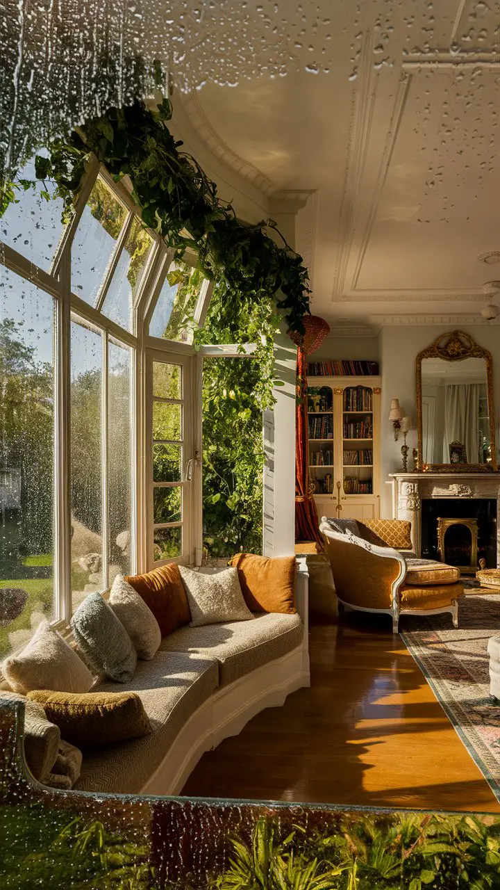 Cozy bay window seating area with lush greenery, Victorian-style furniture, and elegant decor in a spacious living room.