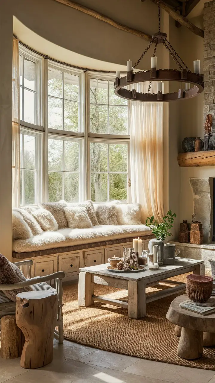 Rustic bay window seating with distressed wooden bench and cream-colored cushion in a cozy living room filled with rustic decor.