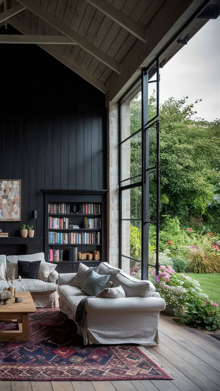 Cozy farmhouse-style living room with a black accent wall adorned with modern artwork, plush sofa, wooden coffee table, and view of a garden through a large window.