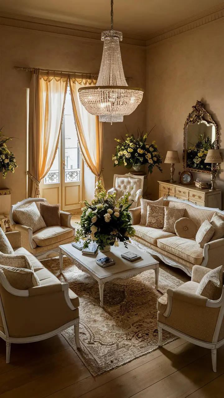 An elegant French country living room with beige and cream tones, featuring an elegant chandelier, tasteful decor accessories, and ample natural light for a cozy ambiance.
