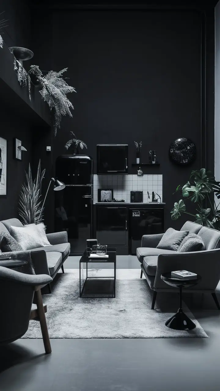 Mid-century modern living room with a black accent wall, sleek furniture, black side table, floor lamp, and indoor plants, creating a sophisticated and elegant ambiance.