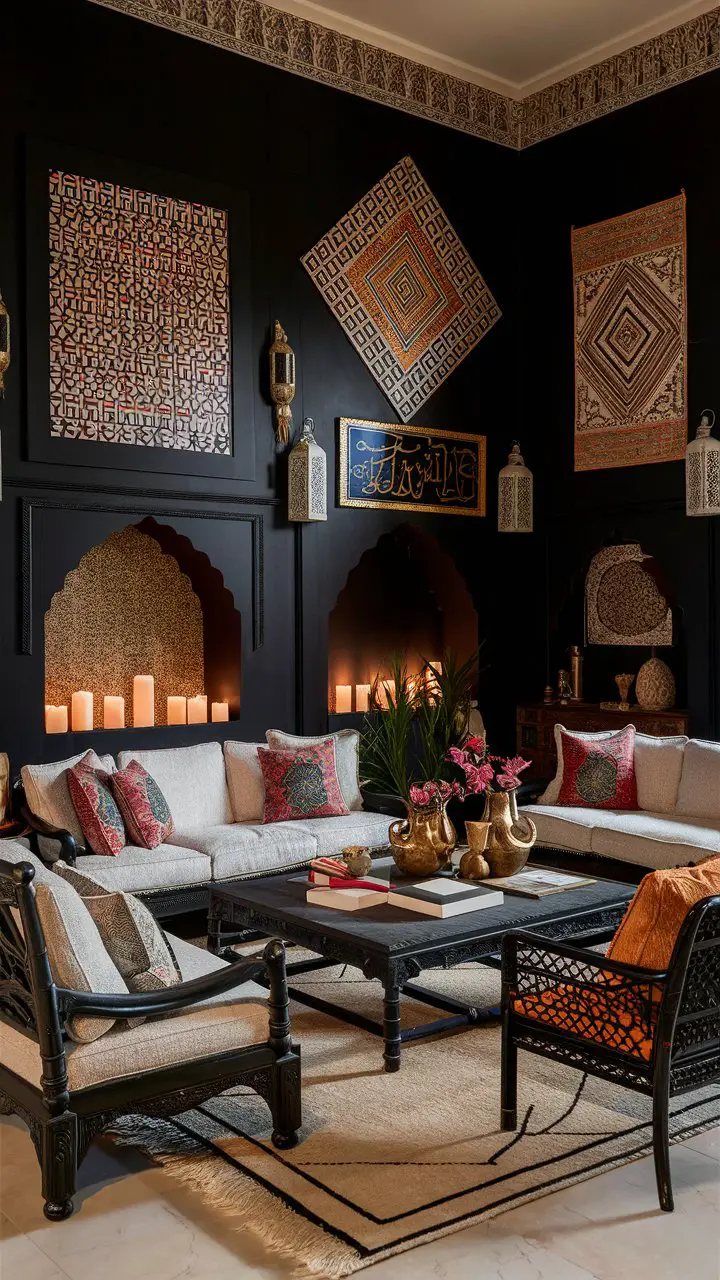 A Moroccan-style living room with a black accent wall, colorful textiles, carved furniture, and soft lighting from candles and lanterns.
