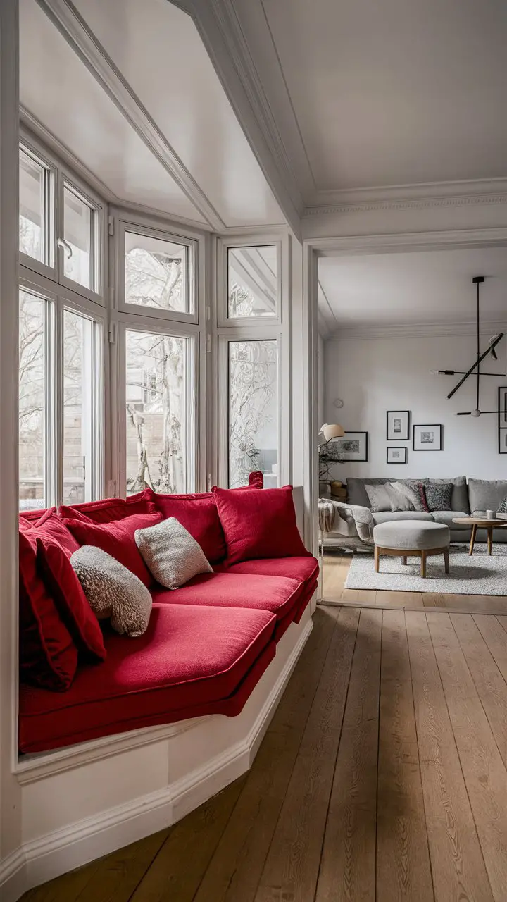 Scandinavian living room with crimson bay window seating, minimalist furniture, and modern light fixtures.