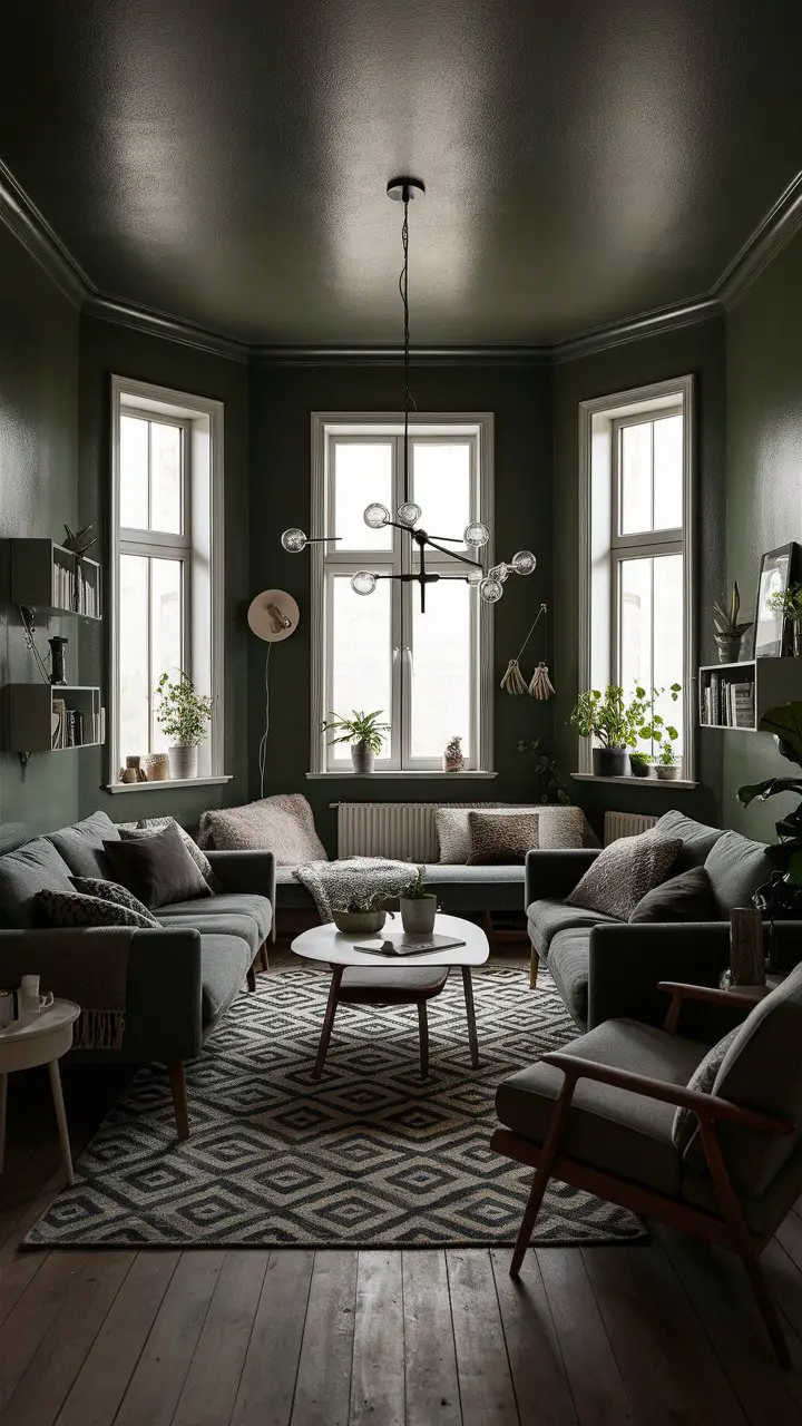 A cozy Scandinavian military green living room with plush furniture, modern light fixtures, and minimalist decor accents.