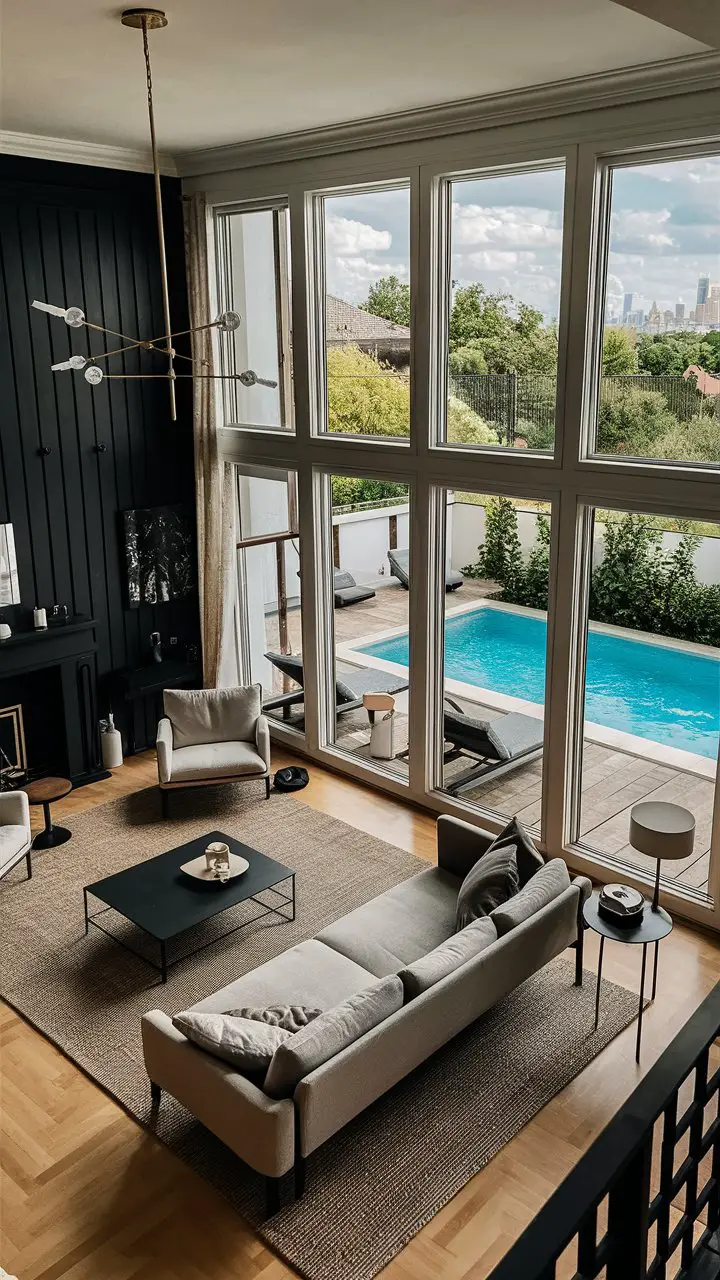 Scandinavian-style living room with a black accent wall, modern furniture, sleek accessories, and large windows overlooking an outdoor swimming pool and lush greenery.
