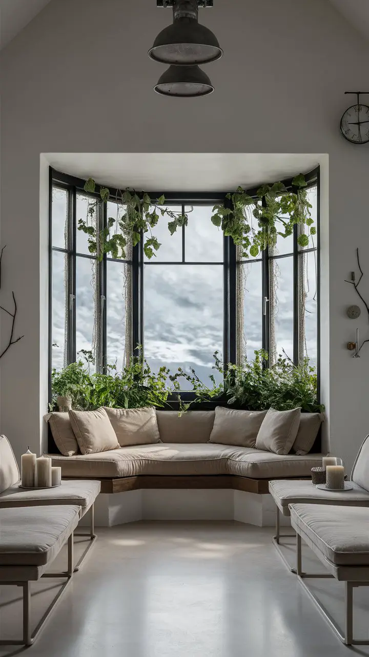 Bay window seating with lush green plants and modern decor in a spacious, minimalist living room.