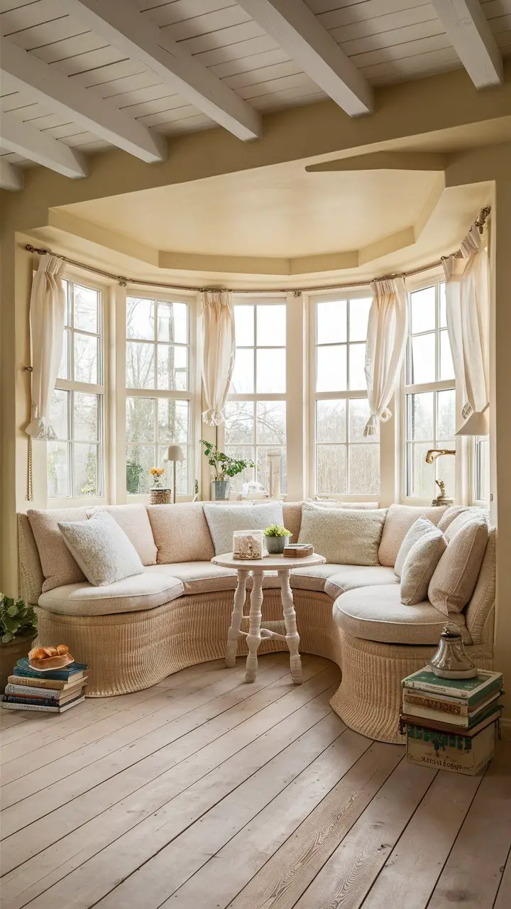 Cozy farmhouse living room with beige bay window seating, rustic wooden floor, white beams, and charming decor accessories.