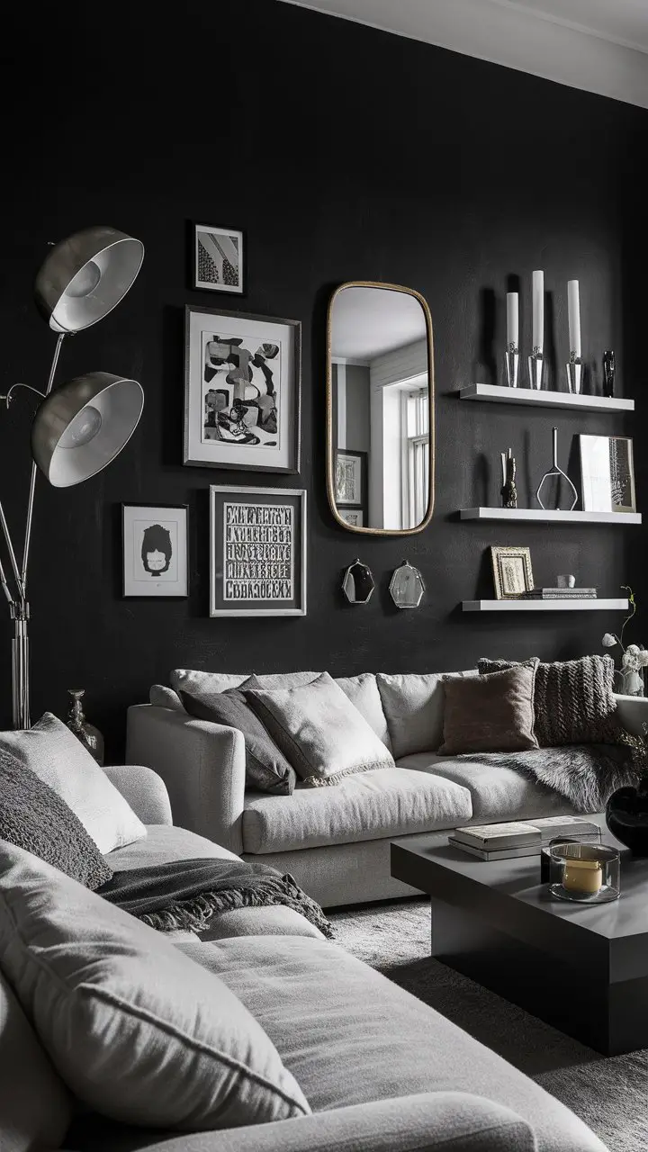 A contemporary living room with a striking black wall, eclectic artwork, cozy furniture, and a unique floor lamp for added ambiance.