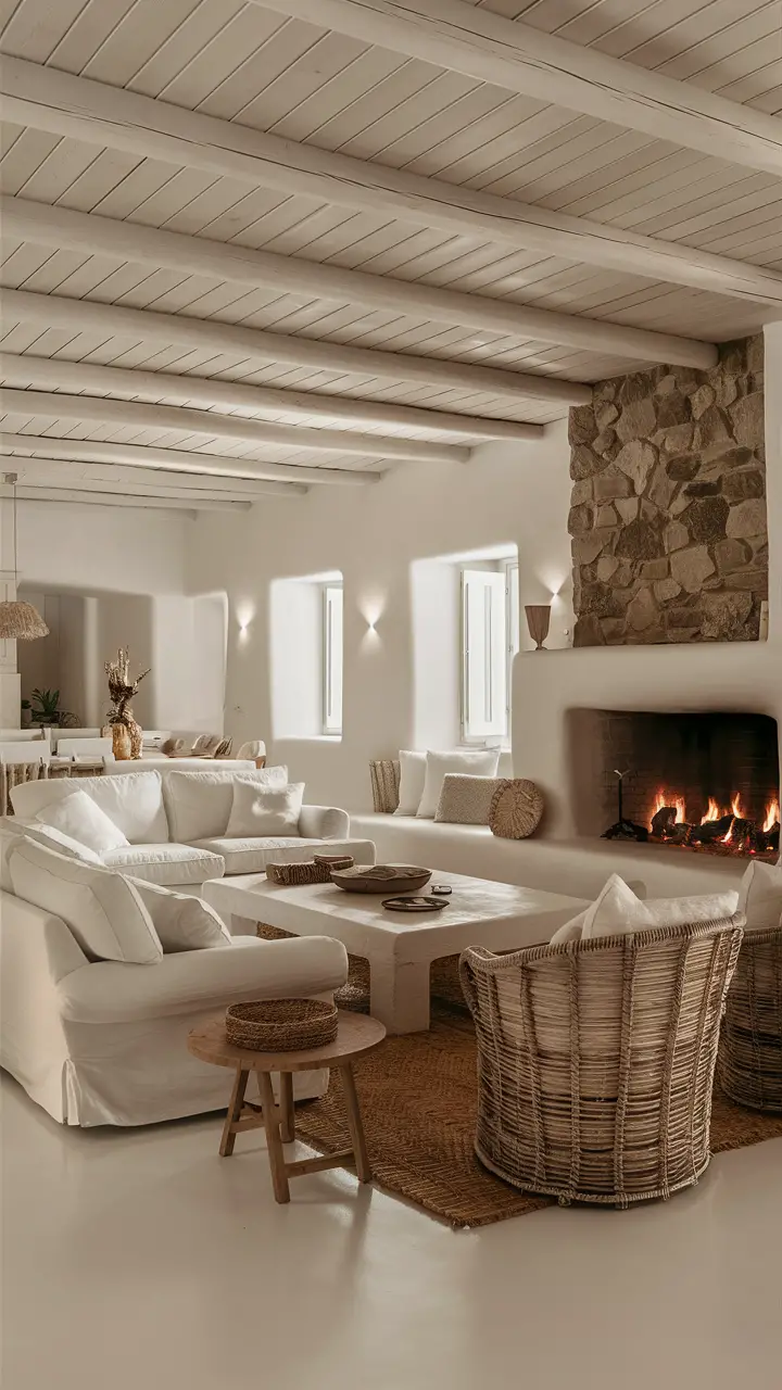 Spacious white living room with stone fireplace, wooden ceiling beams, plush white sofa, armchairs, large coffee table, flickering fireplace, large windows, minimalist decor, and natural light.