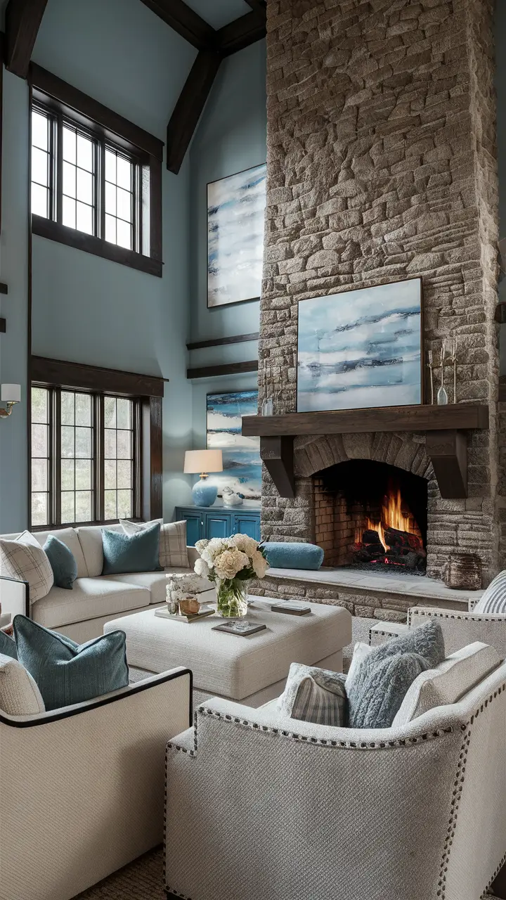 Living room with stone fireplace, neutral-toned furnishings, sky blue accents in artwork, throw pillows, and vase of flowers, large windows, and natural light.