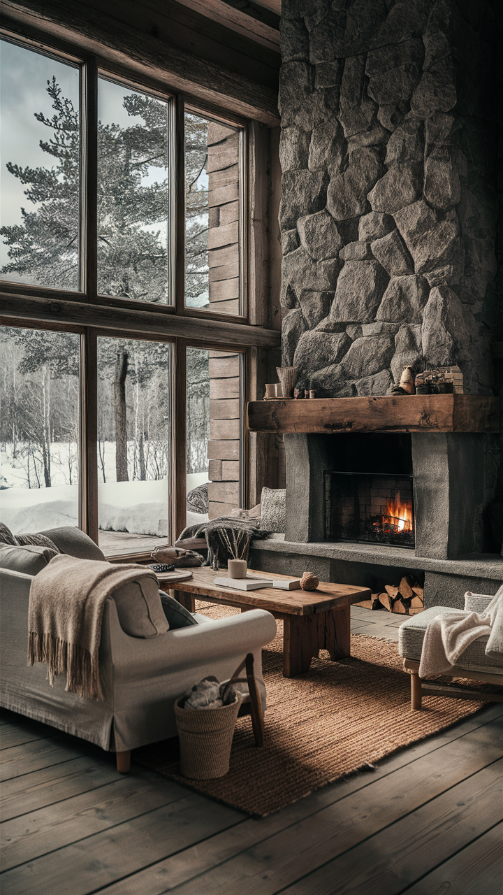 Scandinavian-style living room with stone fireplace, floor-to-ceiling windows, plush sofa, wooden coffee table, handwoven rug, soft throw blanket, stack of firewood, and a view of a snow-covered forest.