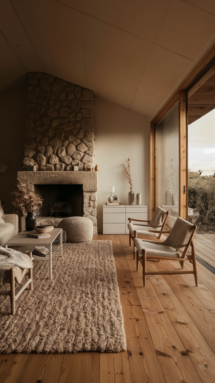 Japandi-style living room with stone fireplace, natural light, warm wooden floors, simple white furniture, carefully curated decorative items, plush wool rug, and floor-to-ceiling window framing a picturesque view.