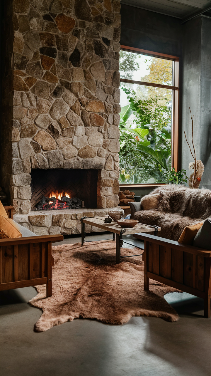 Industrial-style living room with natural stone fireplace, warm wooden furnishings, luxurious faux fur rug, large window, and lush outdoor view.