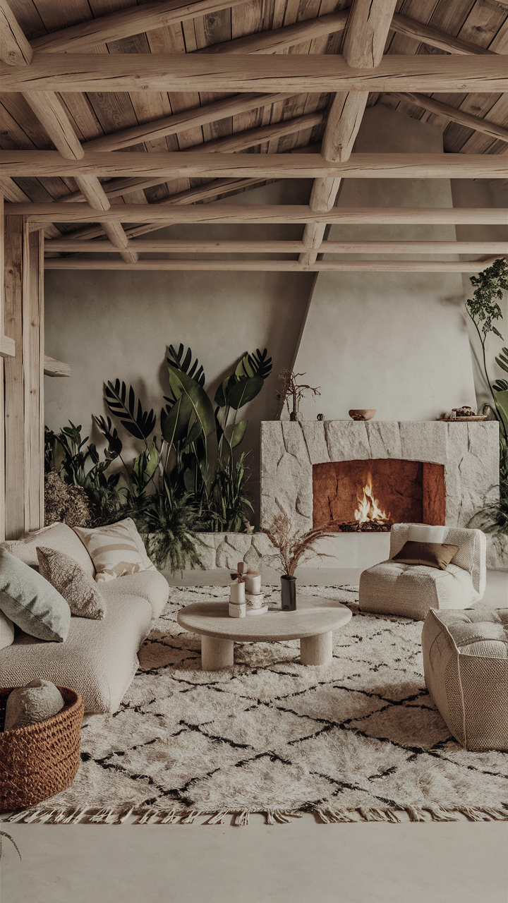 Boho-style living room with stone fireplace, wooden beams, air-purifying plants, plush patterned rug, comfortable seating in neutral tones, and warm, inviting atmosphere.