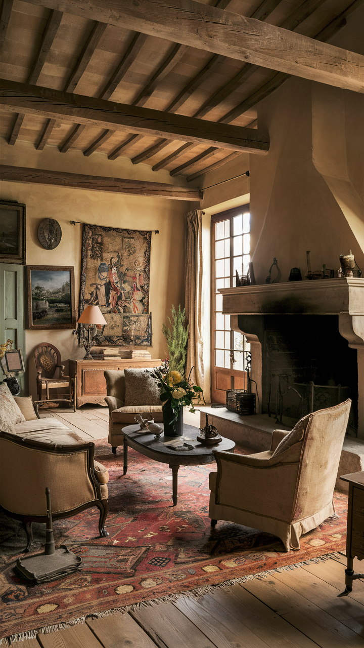 French country living room with stone fireplace, rustic wood beams, warm earthy tones, vintage furnishings, plush patterned rug, antique chairs, vintage paintings, tapestries, and natural sunlight.