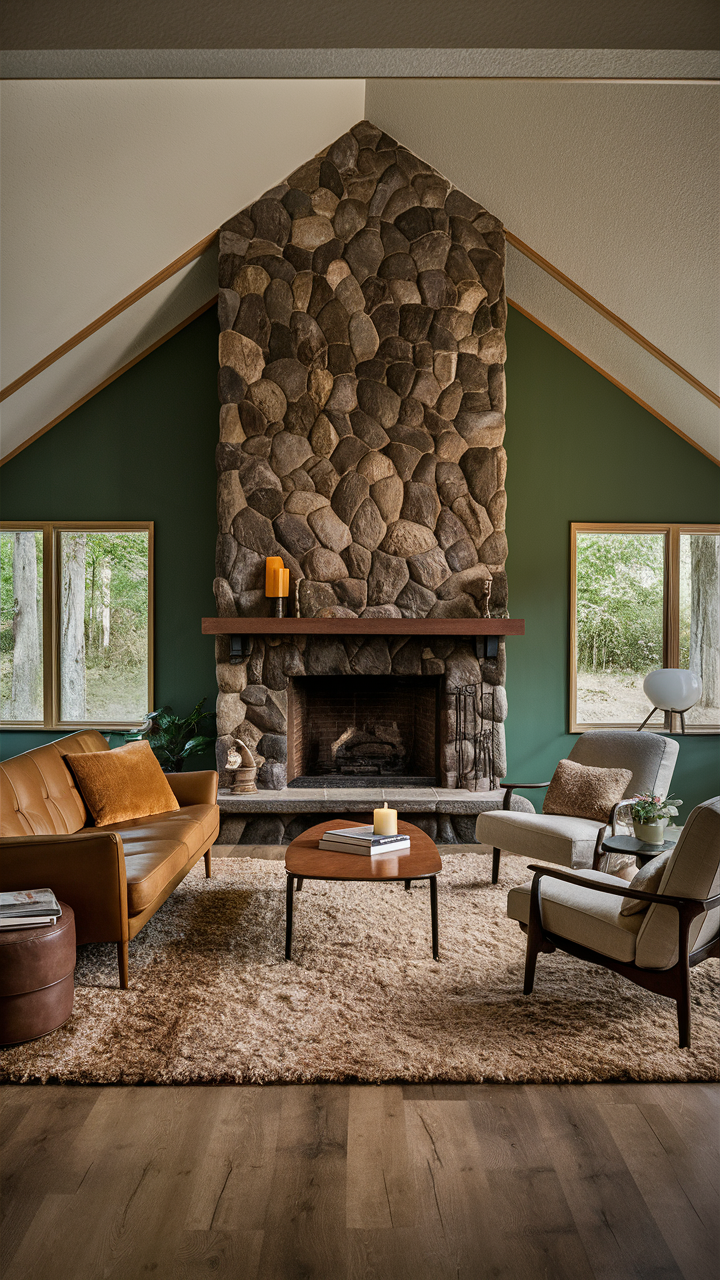 Mid-century modern living room with green accent wall, cozy stone fireplace, plush wool rug, comfortable leather sofa, stylish armchairs, sleek wooden coffee table, natural light, and serene outdoor view.