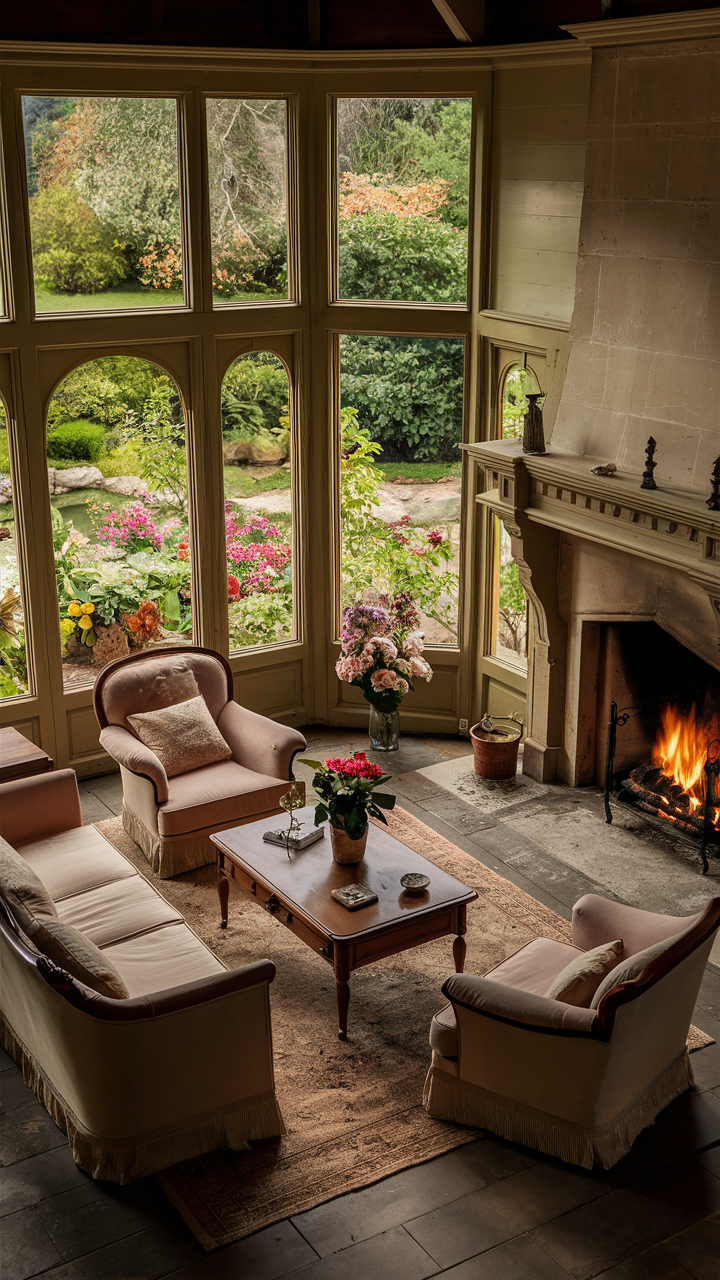 Victorian-style living room with plush furniture, glowing stone fireplace, warm atmosphere, large windows overlooking a picturesque garden with vibrant flowers, lush greenery, serene pond, and Victorian elegance.