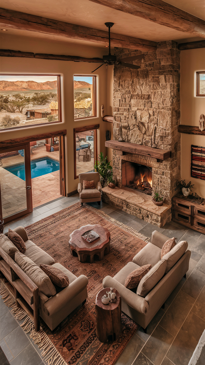 Southwestern-style living room with stone fireplace, wooden beams, rustic furniture, cozy rug, Native American-inspired art, ample natural light from large windows, and sliding glass door leading to outdoor pool area with breathtaking landscape view.
