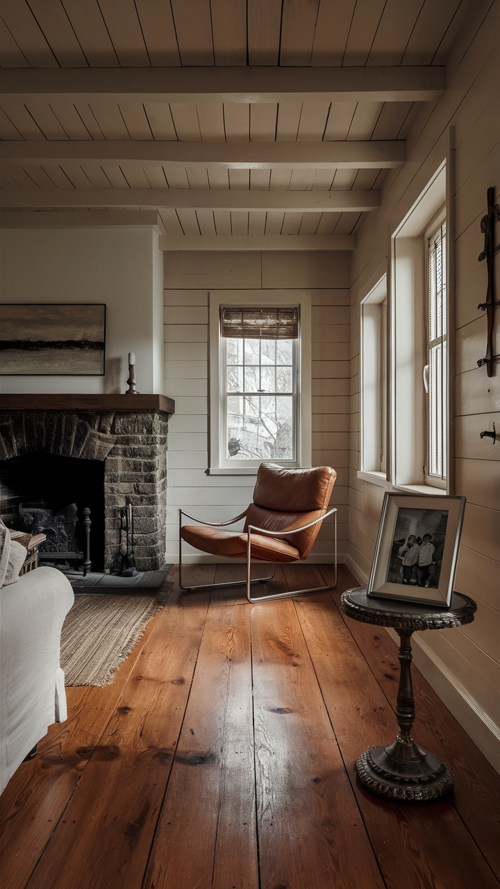 Minimalist traditional living room with cozy stone fireplace, warm wooden floors, white walls with simple painting, large window allowing natural light, comfortable leather chair near fireplace, stylish side table with framed family photo, warm and inviting atmosphere.