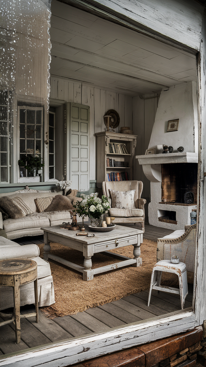 Shabby chic living room with weathered white color palette, vintage furniture, stone fireplace, cozy atmosphere, large window overlooking gentle rain, and serene ambiance.