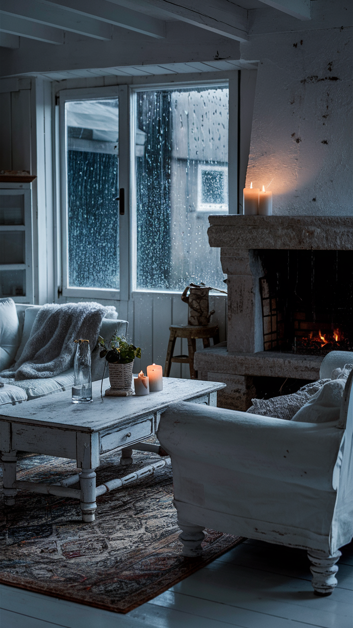 Shabby chic living room in white tones with wooden coffee table, distressed white sofa, vintage rug, stone fireplace lit by candlelight, rainy weather outside, and serene atmosphere.
