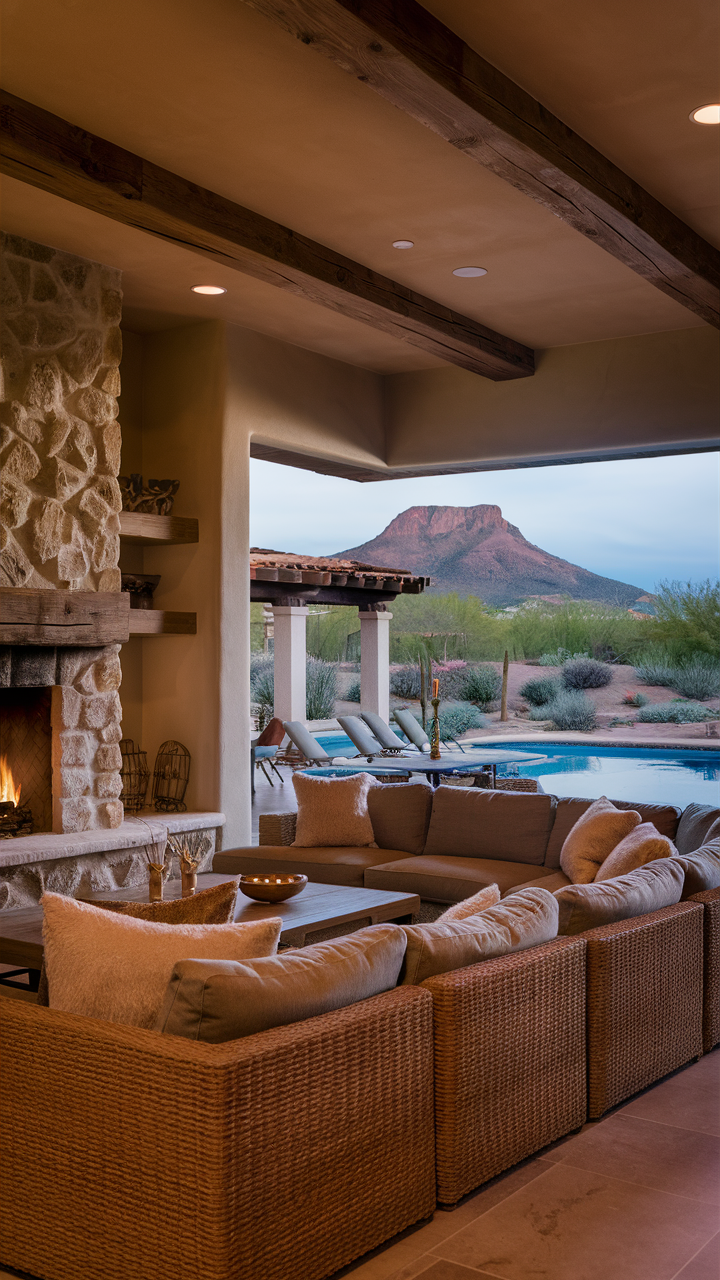 Southwestern-style living room with natural color palette, rustic design elements, stone fireplace, warm wooden beams, large sectional sofa, outdoor pool area with desert landscaping, and picturesque mountain backdrop.
