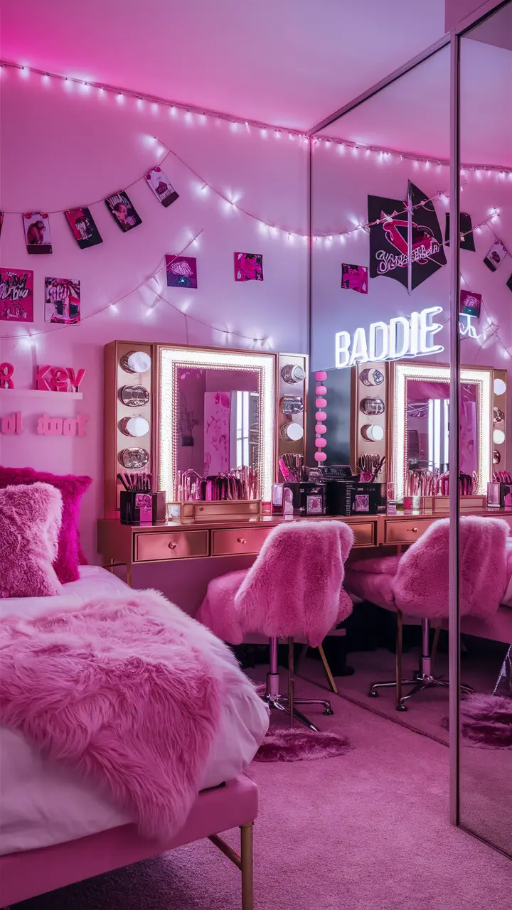 A stylish Baddie-inspired room with pink as the dominant color, featuring fairy lights, fun posters, polaroid photos, a gold vanity mirror with makeup brushes, faux fur throw, fluffy pillows, sleek modern furniture, mirrored surfaces, LED lights, and a bold neon sign.