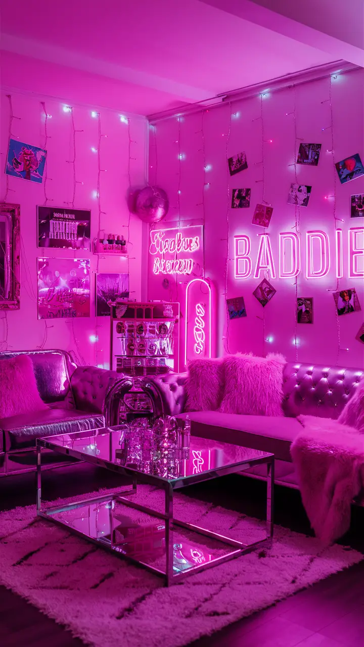 A vibrant Baddie-inspired living room with pink hues, featuring fairy lights, fun posters, polaroid photos, a sleek metallic sofa with fluffy pink pillows, a mirrored coffee table, a bold neon sign, and a luxurious faux fur throw, illuminated by trendy LED and neon lights.