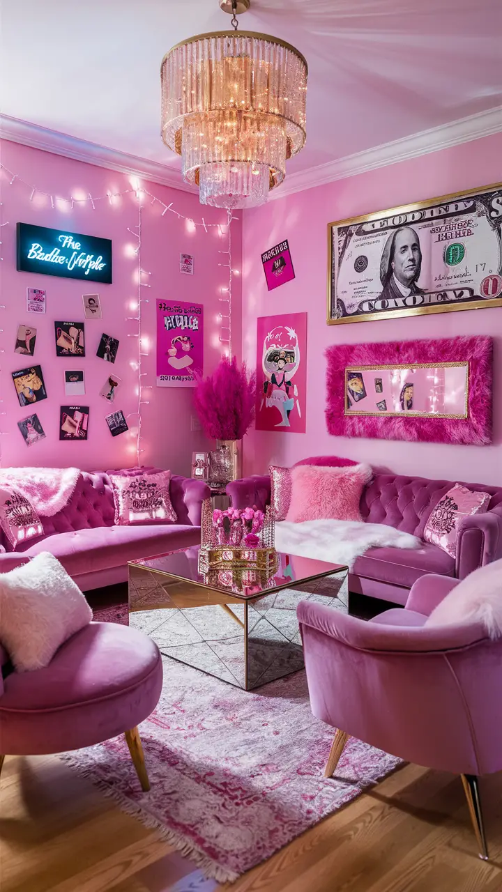 A stylish Baddie living room with pink hues, featuring fairy lights, fun posters, polaroids, a neon sign reading "The Baddie Lifestyle," a pink velvet sofa, a mirrored coffee table, a gold chandelier, faux fur throws, fluffy pillows, makeup-inspired artwork, and an oversized money frame on the wall.